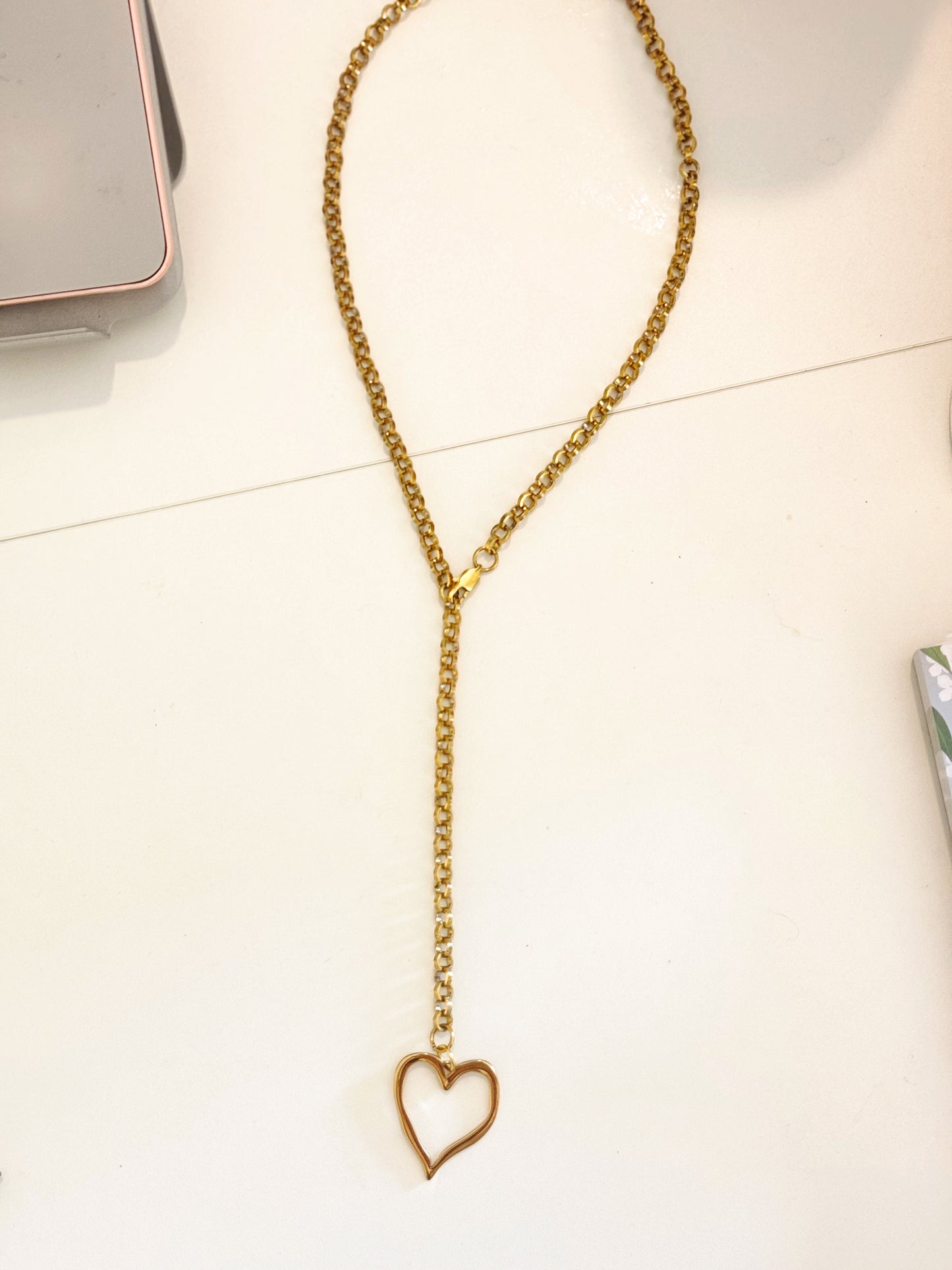 Hammered Hollow Heart Lariat Necklace
