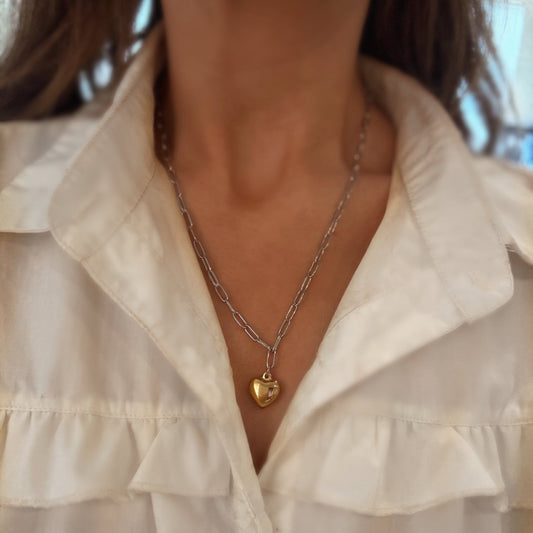 Puffy Heart Necklace- Two Toned