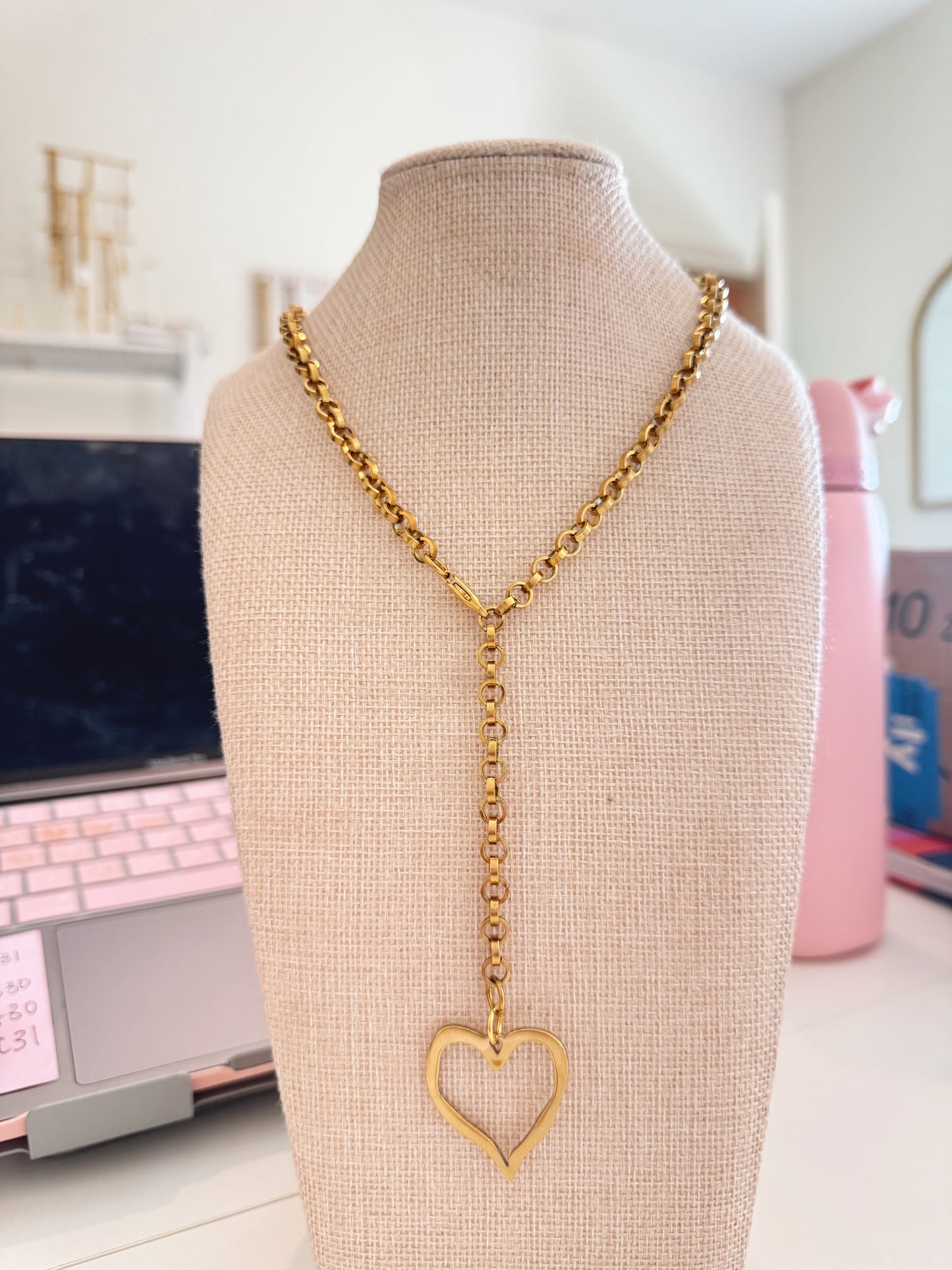 Hammered Hollow Heart Lariat Necklace